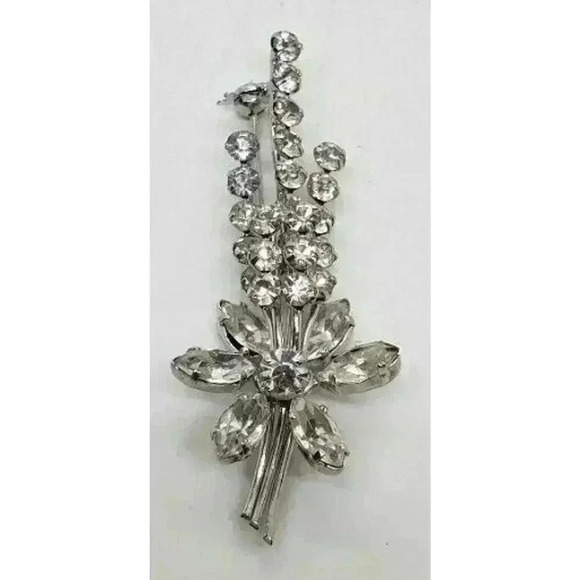 Vintage Clear Rhinestone Brooch Austria Long Stem Flower Spray Tall Layers - Picture 2 of 14